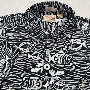 The Fox Collection Mens‎ Black White Fish Print Short Sleeve Button Up Shirt L